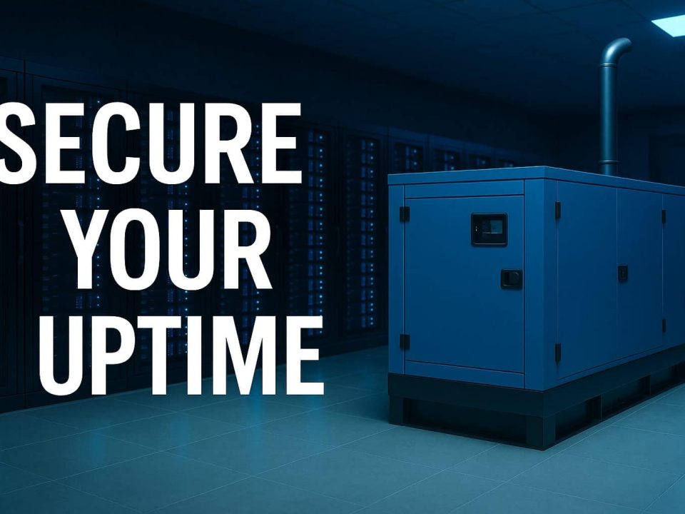 Secure your uptime message next to a blue backup generator inside a modern server room.